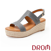 【DROM】坡跟涼鞋 厚底涼鞋/歐美復古時尚工字皮紋草編坡跟厚底涼鞋(灰)