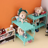 1:12 Dollhouse Miniature Alloy Bed Bunk Bed Bedroom Simulation Dormitory Bunk Bed Dolls House Furniture Model Toys