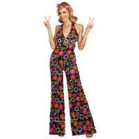 Ladies Vintage 60's 70s Hippie Costume Flower Power Disco Jumpsuits Cosplay Carnival Halloween Costumes for Women