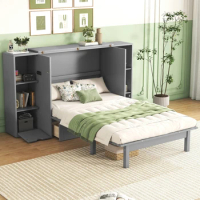 Queen Size Murphy Bed with Shelves, Drawers and USB Ports, Practical Design,Space-Saving,for Guest Room,Home Office,Home Gym
