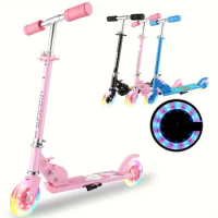 Kids Foldable Scooter, Kids Kick Scooters With Led Light Up Wheels &amp; 3 Levels Adjustable Handlebar, Lightweight 2 Wheel Girly, A