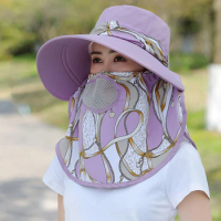 Summer Women Outdoor Print Fisherman Hat UV Protection Wide Brim Garden Work Shade Hat Breathable Face Mask Detachable Sunhat