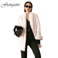 Ftangaiur Winter Coat For Women Import Swan Velvet Mink Fur Coat Women's Loose Half Turn-Down Collar Medium Real Mink Fur Coat