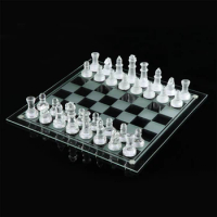 Crystal Chess Set Includes Frosted / Polished Glass Chess Board And 32 Chess Pieces, Adult Crystal Chess Set