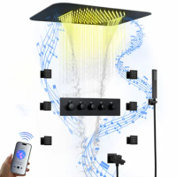 Ceiling Mounted 23*15 Inch Rain and Waterfall Shower Head With Music Speaker Bathroom Thermostatic LED Shower Faucet Set