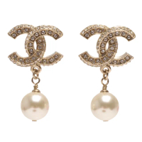 【CHANEL 香奈兒】經典CC LOGO鏤空墜飾滾邊造型珍珠鑲嵌穿式耳環(金86506-OR)