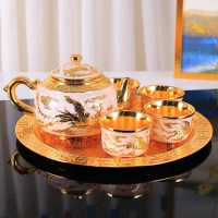 6 Pieces Tea Set Creative Zinc Alloy Chinese Dragon Embossed Teapot Tea Cups Wedding Banquet Tea Set