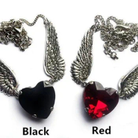 Angel Wings Necklace with Crystal Heart Angel Wings &amp; Heart Necklace Pagan Wicca Necklace Goth Style
