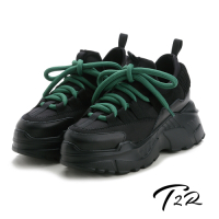 T2R-正韓空運-透氣牛皮網布隱形內增高厚底老爹鞋-增高9公分-黑