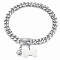Stainless Steel Pet Dog Collar Curb Cuban Link Chain with ID Tag and Bell for Small Medium Large Dogs 15mm/19mm Wide 10-26inch