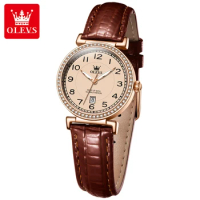 OLEVS 5590 Fashion Quartz Watch Gift Round-dial Genuine Leather Watchband Calendar