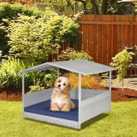 Wicker Dog House, Weather-Resistant Raised Rattan Dog Bed, Outdoor Dog House With Detachable Soft Cushion #Costway