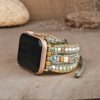 Bohemia Natural Gemstone Beaded Apple Watch Band Handmade Bracelet Strap Crystal Beads Watch Strap for Apple Watch 38-45mm