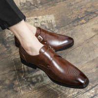Brand Designer Mens Dress Shoes Classic Genuine Leather Buckle Monk Strap Dark Brown Black Office Business Formal Shoes for Men