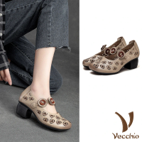 【Vecchio】真皮跟鞋 粗跟跟鞋/全真皮頭層牛皮復古幾何縷空木釦一字帶設計粗跟鞋(杏)