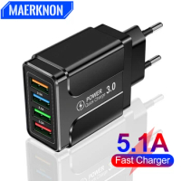 40W 4 USB Phone Charger Fast Charger Quick Charge 3.0 Wall Charging For iPhone13 Pro Xiaomi Samsung Huawei Mobile Phones Adapter