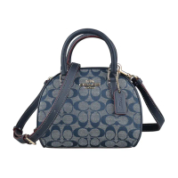 【COACH】COACH SYDNEY 金屬馬車LOGO拉鍊 C字緹花布搭皮革手提斜背保齡球包(單寧藍)