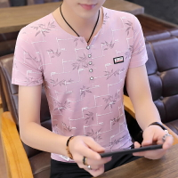 夏季潮流短袖T恤男士韓版修身騷粉色半袖衫男土純棉百搭薄款?恤