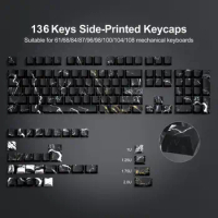 Dye Sub Side-Printed PBT Keycaps Cherry Profile 136 Keys Black Marble Double Shot Shine Through Keycap for MX Switches Keyboards