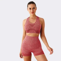 Alena Sport Bra Wanita Setelan Celana Pendek Seamless 2in1 | Baju Olahraga Gym Yoga Fitness M Merah
