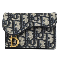 【Dior 迪奧】經典品牌LOGO緹花拼接信用卡證件卡片零錢包(深藍)