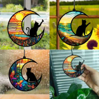 Moon Cat Painted Cat Hanging Ornament Christmas Decorations Decoration Christmas Wooden Hollow Ornaments Xmas Tree Hanging Tags
