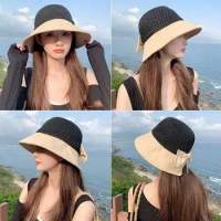 Women's Hat Spring Summer Fashion Sun Protection Hat Bow Travel Hat Outdoor Beach Hat Fisherman Braided Protection UV Sun W6B1