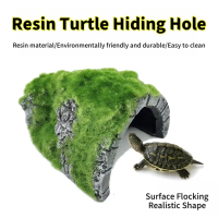 A NEW  Moss Rocks Hiding Cave Fish Tank Ornaments Creative Betta Turtle Hideout Cave Resin Landscapi