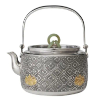 Luxury Pure Silver 999 Kettle Gold Jade Full Chinese Retro Handmade Tea Coffee Silver Pot Beauty Health Tea Set Travel Gift