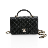 【CHANEL 香奈兒】Mini Flap with Top Handle 羊皮銀鍊手把口蓋包(細紋/較小/提把/金黑雙色鏈帶)
