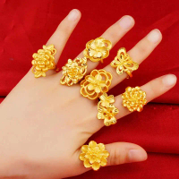 Live Retro Big Flower Ring Gold Bauhinia Exaggerated Wedding Bride Fake Three Gold Simulation First
