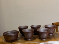 日本中古回流萬古燒手刻蘭花 分茶器五杯茶具套 萬古公道杯茶杯
