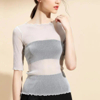 Women’s short-sleeve T-shirt for spring/summer, silver shimmer finish, sheer fabric, stretchy, avail