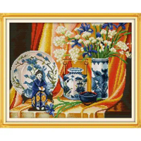 Chinese Porcelain Vase Printed Cross Stitch Kit Aida 14CT 11CT Count Canvas Fabric DMC Embroidery Thread Set Home Decor Painting