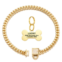 6MM Strong Dog Collar Gold Metal Stainless Steel Chain Small Medium Dog Cuban Lock Link Necklace Chain With Personalized ID Tag