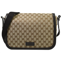 GUCCI 古馳  GG LOGO緹花布邊翻蓋斜背包(咖邊/大)