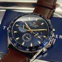 【Tommy Hilfiger】湯米希爾費格男錶型號TH00045(寶藍色錶面寶藍錶殼咖啡色真皮皮革錶帶款)