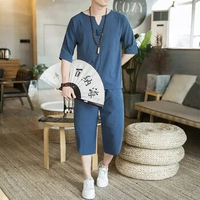Summer Japanese Style Clothing Set Samurai Man T-shirt Trousers Breathable Chinese Suit Kimono Top Cropped Pants Outfit Harajuku