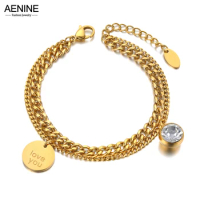 AENINE Double Layer Stainless Steel Love You Tag &amp; CZ Crystal Charm Bracelets For Women Bohemia Chain Link Jewelry AB21066