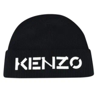 【KENZO】KENZO白字LOGO爆裂燙畫設計羊毛針織毛帽(黑)