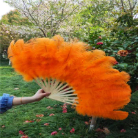 YY-tesco 15 bone Orange High Quality Ostrich Feather Fan Dance Stage Show Props Wedding Party Fluffy Feather Hand Fan Decoration