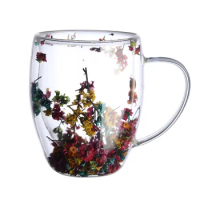 Real flower double-layer glass cup with handle heat-resistant tea coffee cup espresso milk cup creative gift simple style