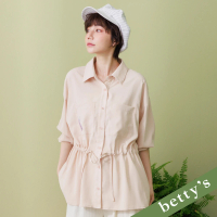 【betty’s 貝蒂思】口袋繡花厚雪紡長版襯衫(粉卡其)