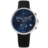 CK / 紳士簡約 三眼計時 日期 夜光 瑞士製造 皮革手錶-藍x銀框x黑/43mm