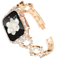 Diamond Case + Strap For Apple Watch 9 8 7 SE 45mm 44mm 40mm 41mm for iWatch 6 5 4 42mm 38mm Luxury Stainless Steel Band