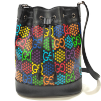 【GUCCI 古馳】598149 GG Psychedelic繽紛跳跳糖系列束繩水桶包/斜背包(黑色)-全新展示品