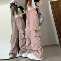 Baggy Sweatpants Women Korean High Waist Straight Width Big Pocket Cargo Loose Sports Pants Y2k Lady Wide Leg Joggers Trousers