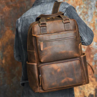 NASVA Men's Leather Backpack Vintage Backpack Travel Bag Outdoor Luggage Bag Schoolbag Laptop Backpack For 16.5 Inch
