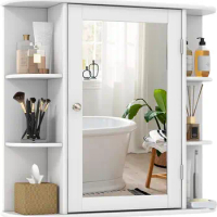 Tangkula Bathroom Medicine Cabinet with Mirror, Wall Mounted Bathroom Storage Cabinet w/Mirror Door &amp; 6 Open Shelves, Adjustable