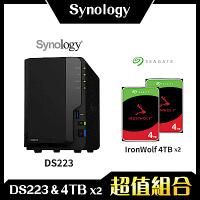 Synology DS223 2Bay NAS 網路儲存伺服器＋希捷 Seagate 4TB NAS專用硬碟-兩入組